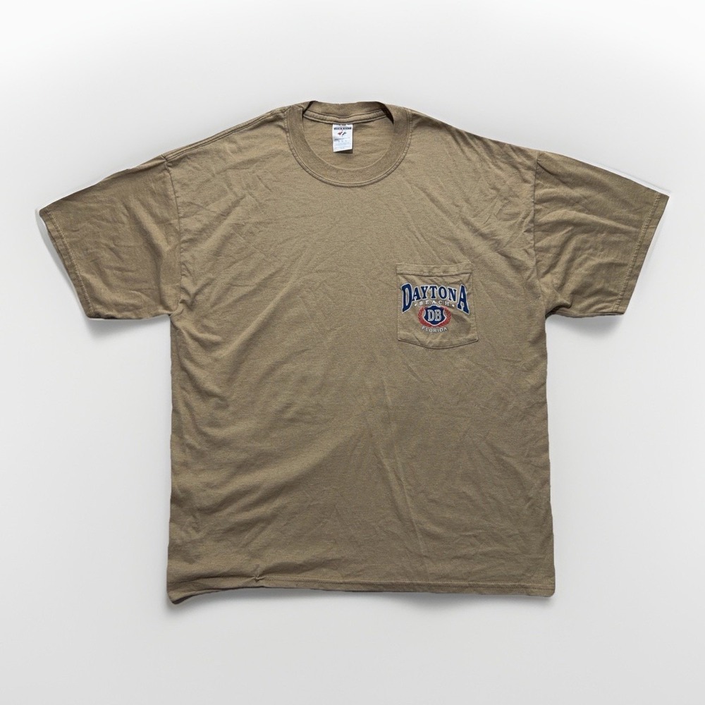 Vintage Daytona Beach FL Jerzees Pocket T Shirt Mens XL Tan Summer Ocean Y2k Tee